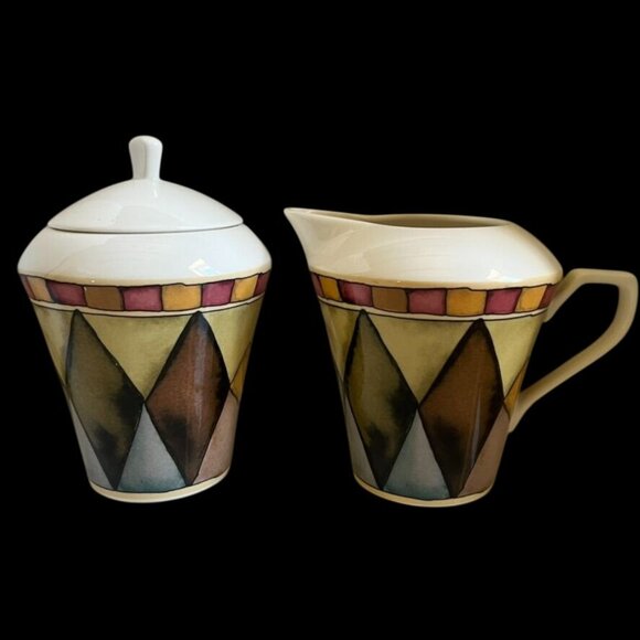 Sasaki Palazzo Sugar and Creamer w/Lid by Particia Zanger Multicolor Harlequin - Picture 1 of 8